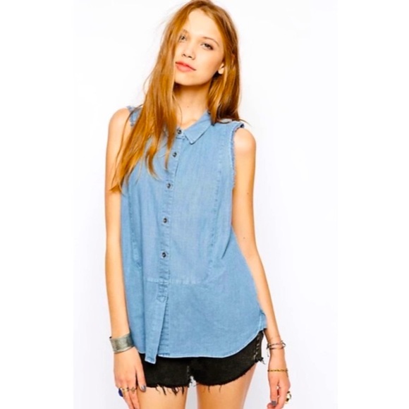 Free People Denim Linen Chambray Frayed Edge Sleeveless Blouse Tank Top Pockets - Picture 3 of 10